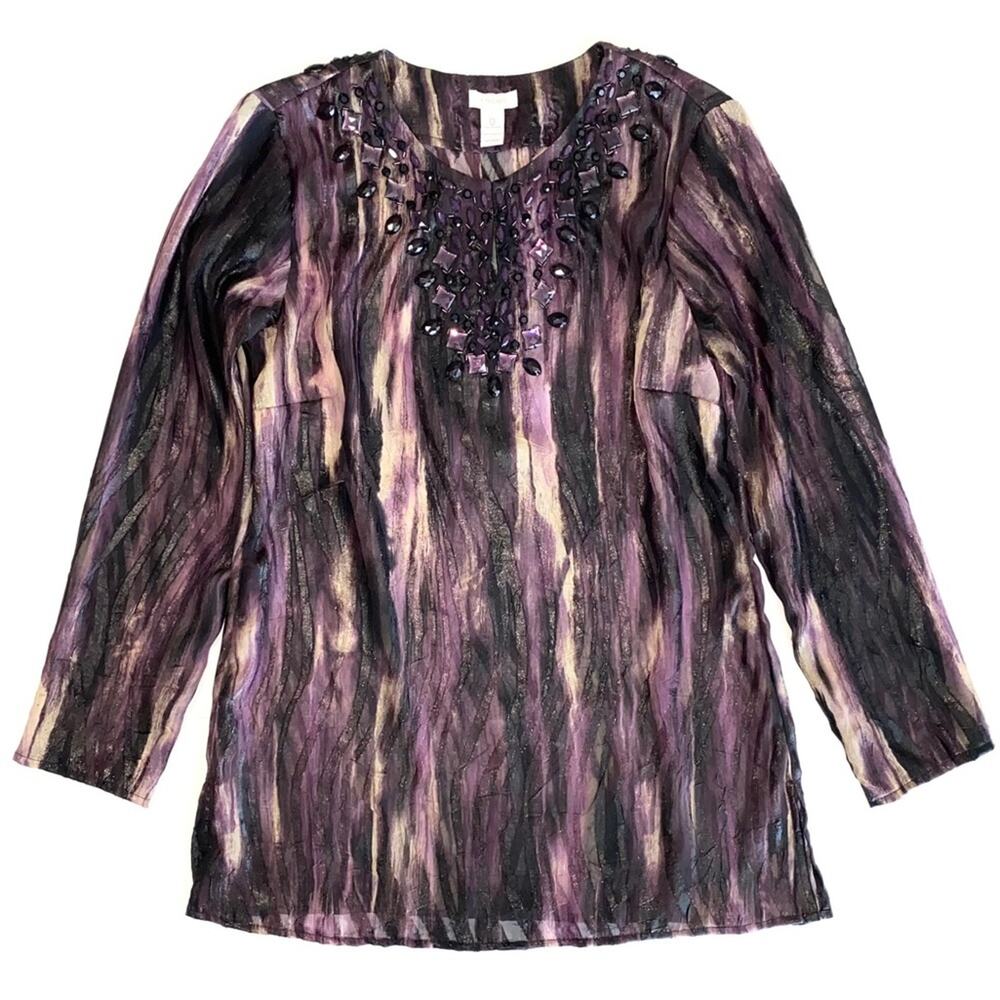 Chico’s Beaded Neckline Purple Sheer Shimmer Tunic Top Size Small